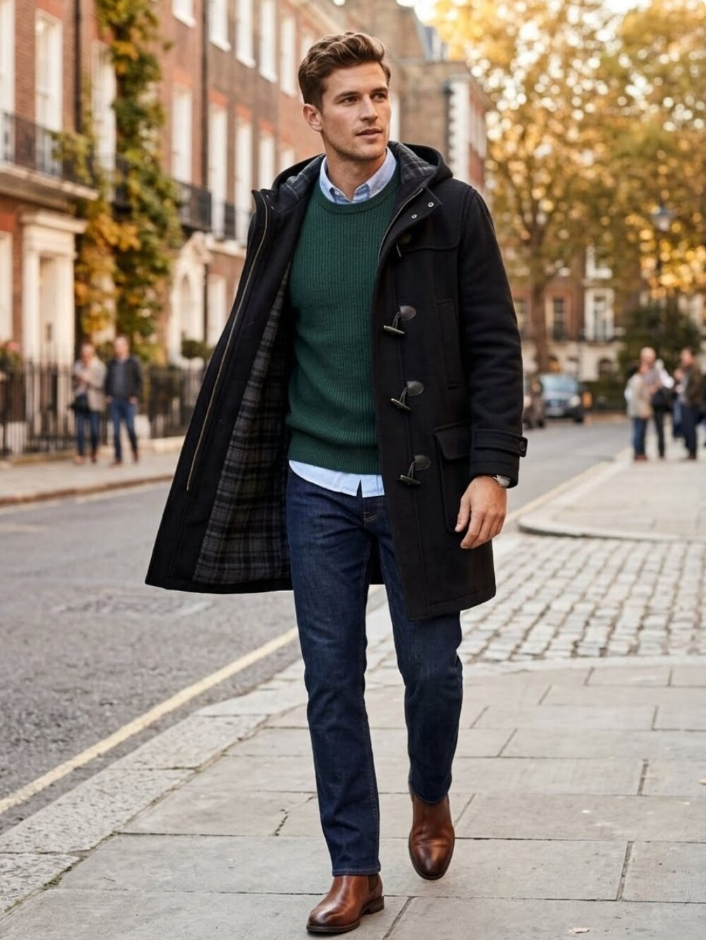 Vintage ROOTS | Black Wool Blend Mid Length Duffle Coat Hooded Toggle Jacket